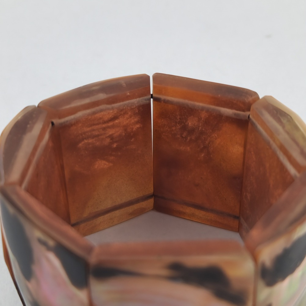Vintage Mother of Pearl Shell Stretch Cuff Bracelet Iridescent Brown Wide Panel - Picture 6 of 12